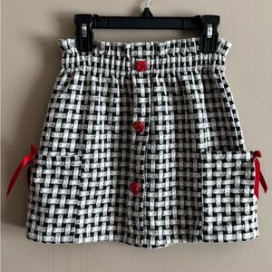 Black White Gingham Skirt with Red Accent Flowers and Bows, Girls size 10/12